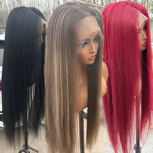 4x4 Synthetic Straight Lace Front Wigs For Women Highlight Brown Blond Wig Ombre 27/613 Lace Closure Wig High Fiber Cosplay Wig