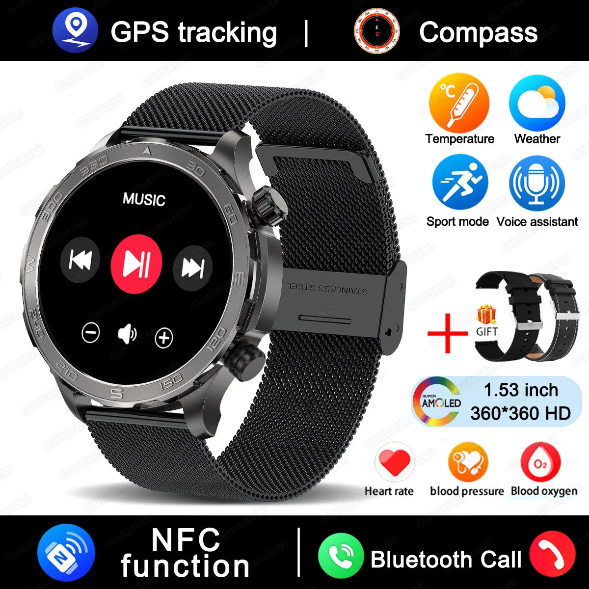 2025 New Bluetooth Call Smart Watch Woman AMOLED HD Screen Heart Rate NFC IP68 Waterproof GPS Sports BT Call Smart Watch For Men