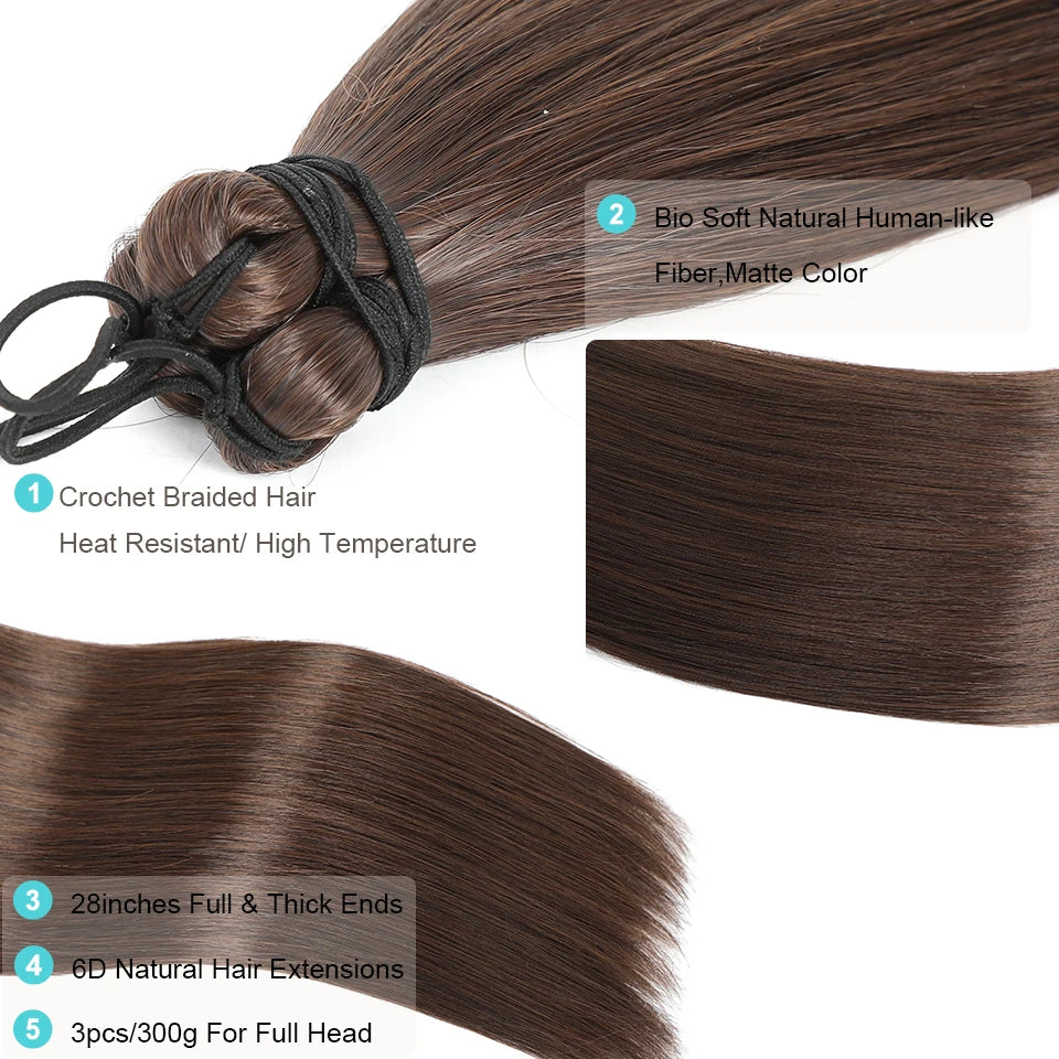 Magicae 28Inches 3Pcs Dark Brown Twist Crochet Braiding Ombre Blond Straight Hair Bundles Extension High Temperature Synthetic