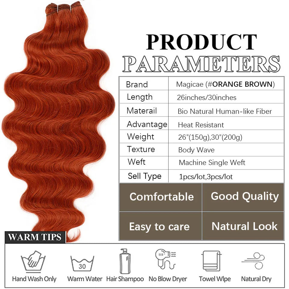 Magicae Ginger Orange Brown 30Inches 200grams Body Wave Bundles Hair Extensions High Temperature Synthetic Wavy Purple Highlight