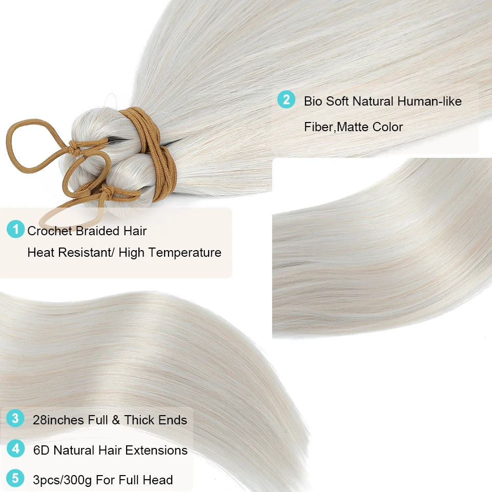 28Inches Colored Silver 3Pcs Twist Crochet Braiding Hair Extension High Temperature 300g Straight Bundle Synthetic PonyTail Hair