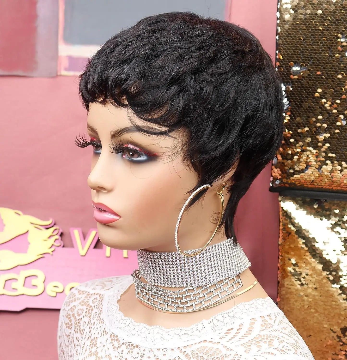 Black women's short elf style synthetic wig, fashionable wave layered wig with free hairnet