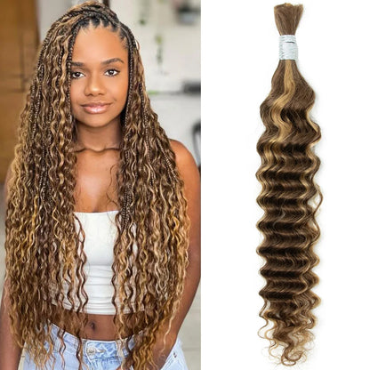 14-22'' Brown Deep Wave Human Hair Bulk For Braiding Highlights Brown No Weft Human Hair Bundles Women Boho Braids Braiding Hair