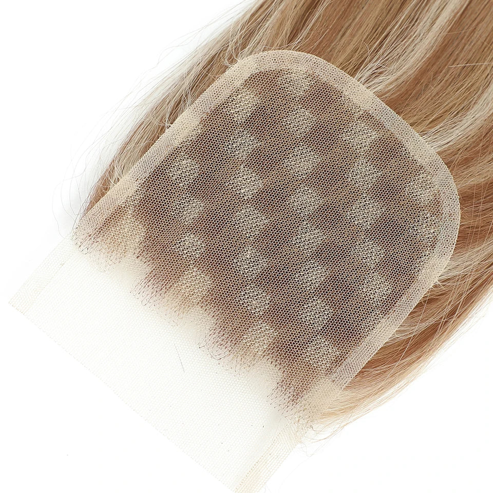 4X4 Straight Top Lace Closure 22Inches Blond 27/613 Highlight Synthetic Heat Resistant Pre-Plucked Transparent Straight Lace