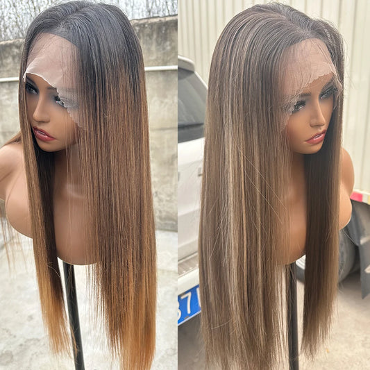 Magicae 220% density13x4 Lace Frontal Synthetic Straight Lace Wig Lace Front Wig Ombre Highlight Brown Blond Colored Hair