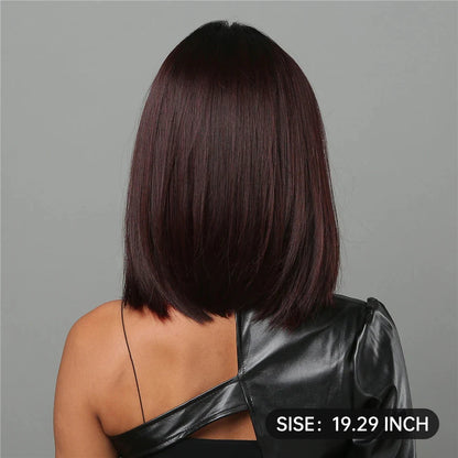 Medium Length Chestnut Brown Synthetic Wigs Middle Part Wine Red Highlights Straight Wig Heat Resistant for Women Party Cosplay