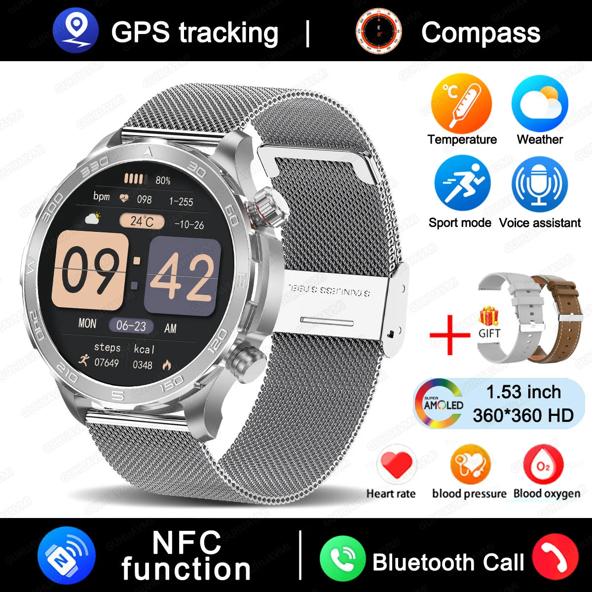 2025 New Bluetooth Call Smart Watch Woman AMOLED HD Screen Heart Rate NFC IP68 Waterproof GPS Sports BT Call Smart Watch For Men