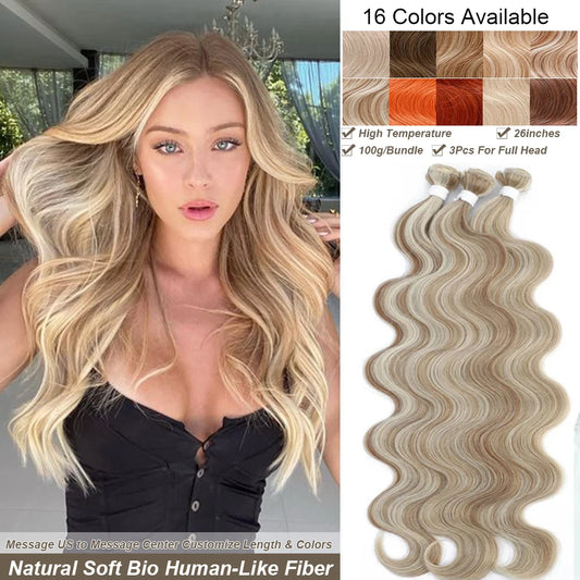 Magicae Ombre Piano Highlight Brown 6/613# Body Wave Hair Bundles 26Inches Sliver White Nature High Synthetic Hair Extensions