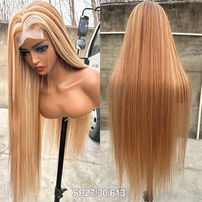 Straight 4X4 Lace Front Wigs 36Inches Blond 27/613 Highlight P4/27 Bio Heat Resistant Fiber Pre Plucked Transparent Swiss Lace