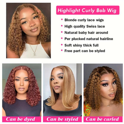 #4/27 Highlight Deep Wave Bob Wig 13x4 Lace Frontal Human Hair Wig Curly Bob Wigs Pre Plucked 200% Density Human Hair For Women