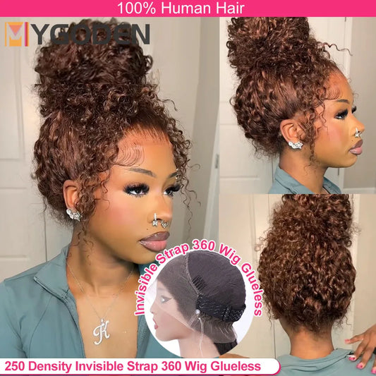 Invisi Strap 360 Full HD Lace Wig 250 Density Curly Glueless Human Hair Wig Chocolate Brown Lace Front Wig Deep Wave Frontal Wig