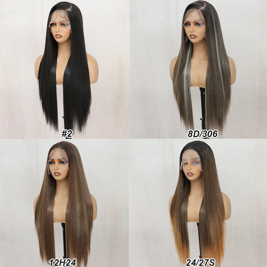 Magicae 220% density13x4 Lace Frontal Synthetic Straight Lace Wig Lace Front Wig Ombre Highlight Brown Blond Colored Hair