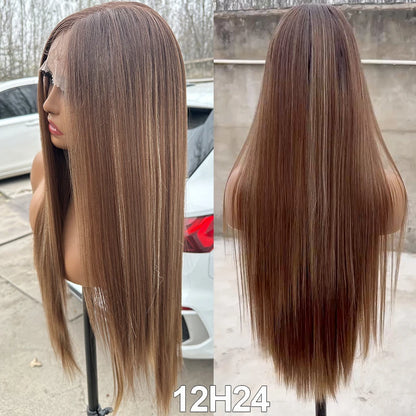 Magicae 220% density13x4 Lace Frontal Synthetic Straight Lace Wig Lace Front Wig Ombre Highlight Brown Blond Colored Hair