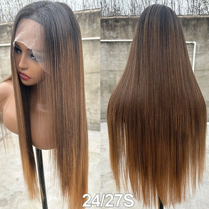 Magicae 220% density13x4 Lace Frontal Synthetic Straight Lace Wig Lace Front Wig Ombre Highlight Brown Blond Colored Hair