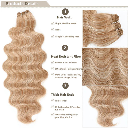 30Inches 200grams Blond Ombre 27/613 Brown Body Wave Synthetic Hair Weave Bundles Soft Bio Human-Like Heat Resistant Ponytail