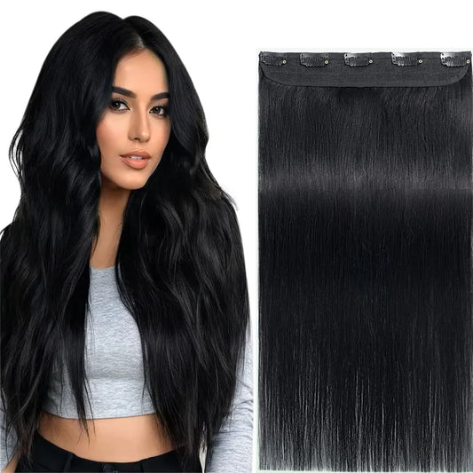 One Piece Clip in Hair Extensions Human Hair Dark Black Clip in Human Hair 24inch 3/4 Full Head Straight Remy Hair 5 Clips