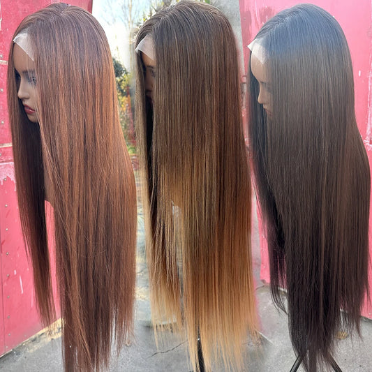 36 Inches 4X4 Lace Front Blond 27/613 Ombre Brown Synthetic Straight Lace Closure Red Highlight 4/10/16 HD Cosplay Lace Frontal