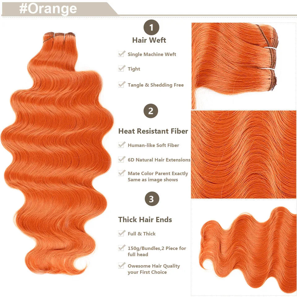 Magicae Ginger Orange Brown 30Inches 200grams Body Wave Bundles Hair Extensions High Temperature Synthetic Wavy Purple Highlight