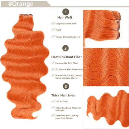 Magicae Ginger Orange Brown 30Inches 200grams Body Wave Bundles Hair Extensions High Temperature Synthetic Wavy Purple Highlight