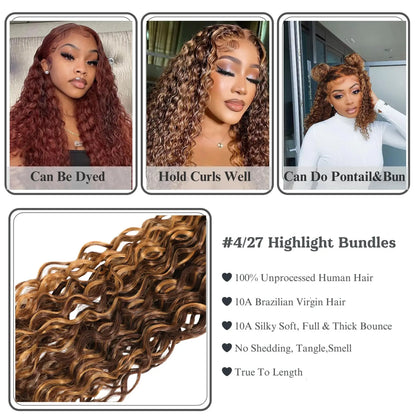 Honey Blonde Highlight Deep Wave Bundles 22 Inch P4/27 Ombre Single Bundles Wet and Wavy Bundle Human Hair Highlight Brown Color