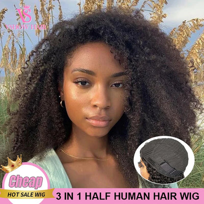 VSHOW Afro Kinky Curly Flip Over 3 IN 1 Half Wig Human Hair Glueless Wig Machine Made Wear Go Beginner Friendly With Drawstring