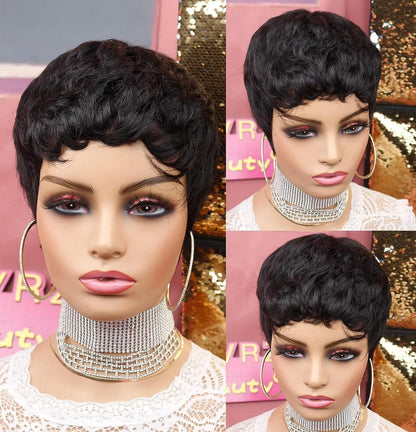 Black women's short elf style synthetic wig, fashionable wave layered wig with free hairnet