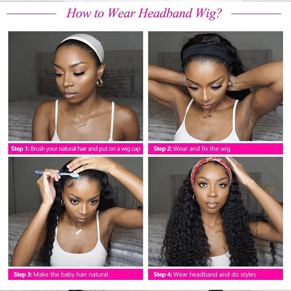 Headband Wig Human Hair Kinky Curly Glueless Wig Full Machine Made Curly Headband Bob Wig 36 Inches Human Hair Wigs for Women