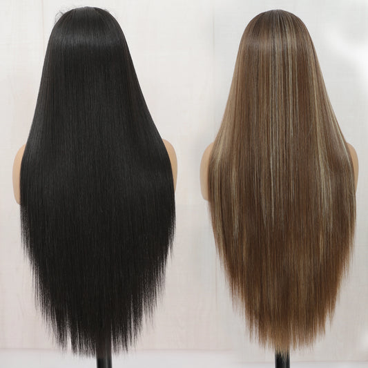30Inches Lace Frontal Hair Wigs 13x4 Straight Lace Front Pre Plucked Ombre Brown Synthetic Wig Heat-resistant Fiber Colored Hair