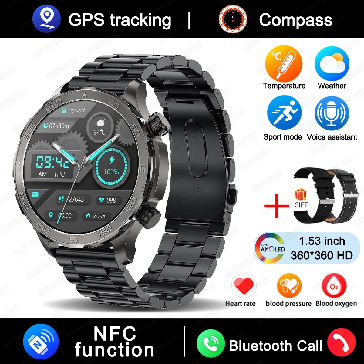 2025 New Bluetooth Call Smart Watch Woman AMOLED HD Screen Heart Rate NFC IP68 Waterproof GPS Sports BT Call Smart Watch For Men