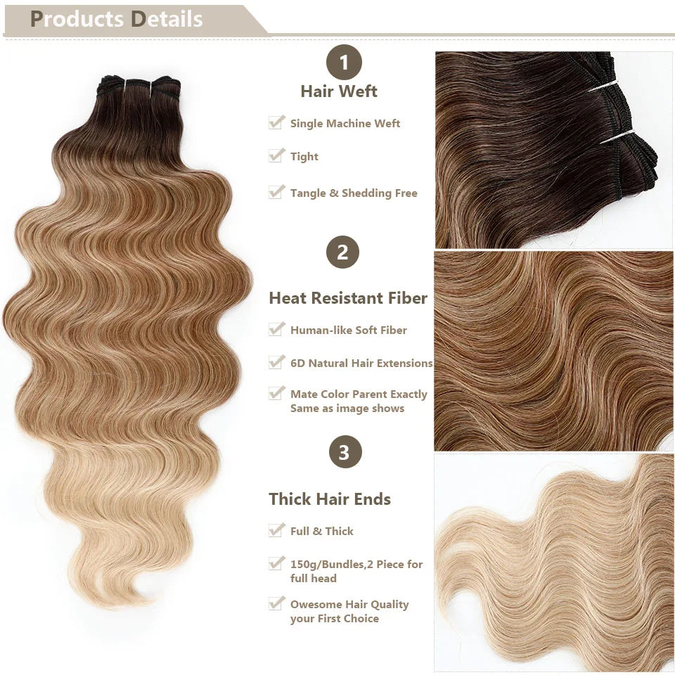 30Inches Ombre Chocolate Brown 6# Blond 613 Body Wave Bundles Soft Nature Synthetic Bio Human-Like Hair Extension Heat Resistant