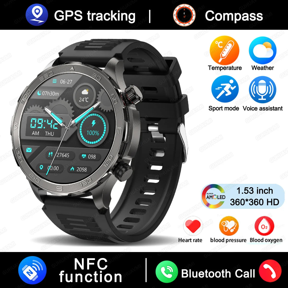 2025 New Bluetooth Call Smart Watch Woman AMOLED HD Screen Heart Rate NFC IP68 Waterproof GPS Sports BT Call Smart Watch For Men