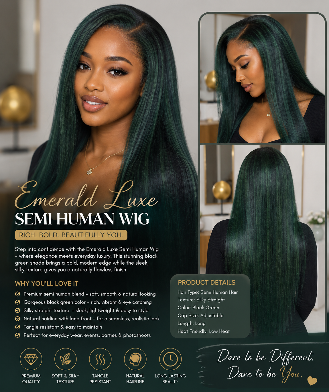 Emerald Elegance – Premium Semi-Human Straight Lace Front Wig