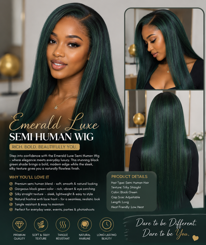 Emerald Elegance – Premium Semi-Human Straight Lace Front Wig