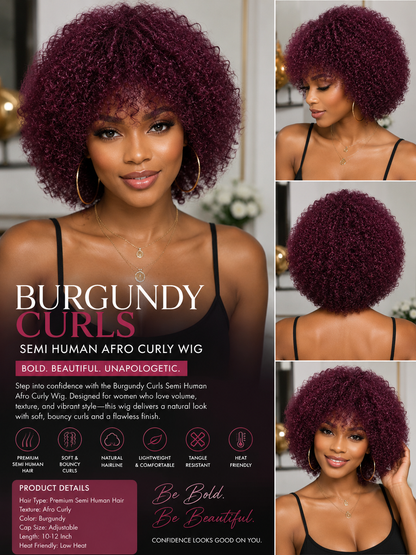 Royal Burgundy Afro Curls – Premium Semi-Human Curly Wig