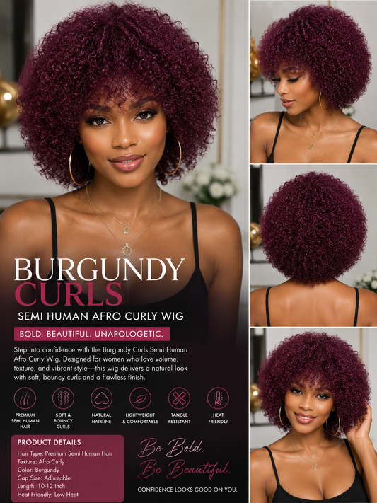 Royal Burgundy Afro Curls – Premium Semi-Human Curly Wig