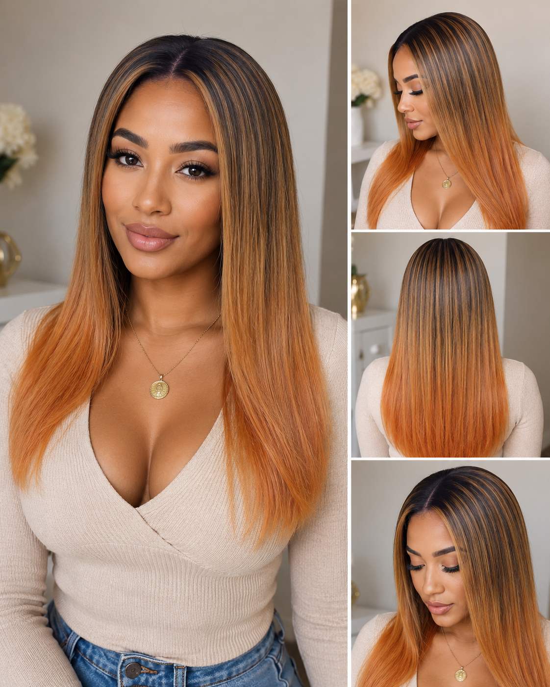 Honey Blonde Ombre Straight Lace Front Wig – Semi Human Hair