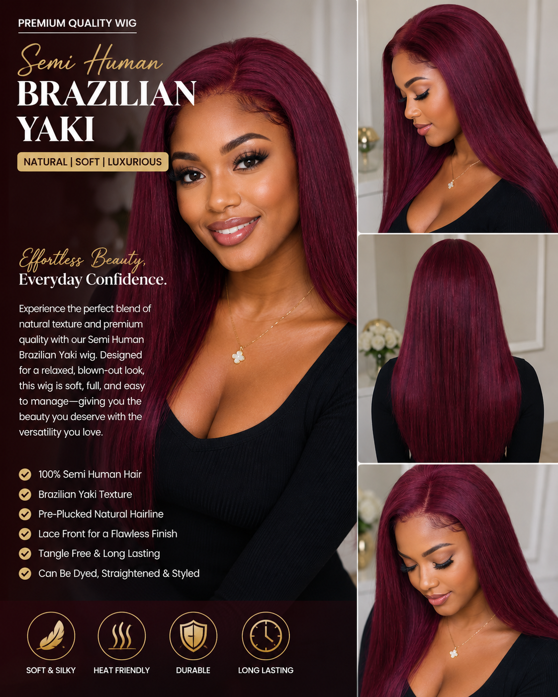 Semi Human Brazilian Yaki Straight Lace Front Wig – Burgundy Wine