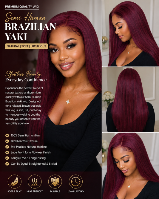 Semi Human Brazilian Yaki Straight Lace Front Wig – Burgundy Wine