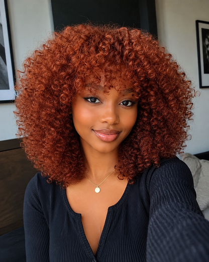 Semi Human Curly Fringe Wig – Auburn Copper Afro Curls | Soft Natural Look