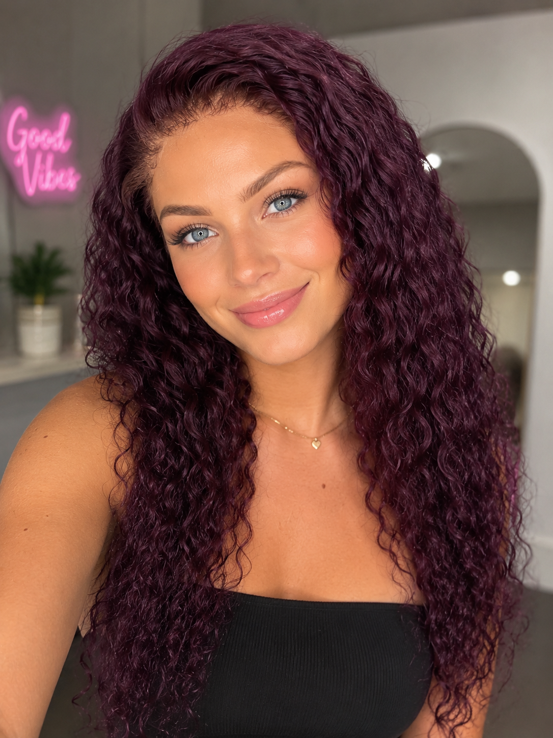 28-Inch Original Human Hair Deep Wave Lace Front Wig – Burgundy