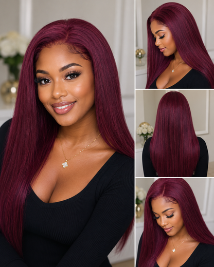 Semi Human Brazilian Yaki Straight Lace Front Wig – Burgundy Wine