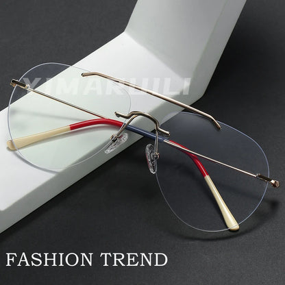 YIMARUILI Fashion Ultralight Pilot Men's Rimless Glasses Retro Trend Big Size Optical Prescription Eyeglasses Frame Women 1870