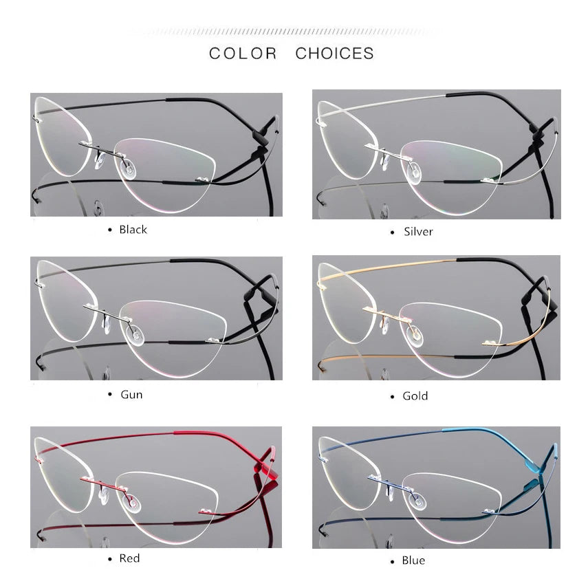 Women Titanium alloy Screwless Rimless Cat Eye Glasses Frame, Ultralight Frameless Optical Frames For Prescription Myopia F860