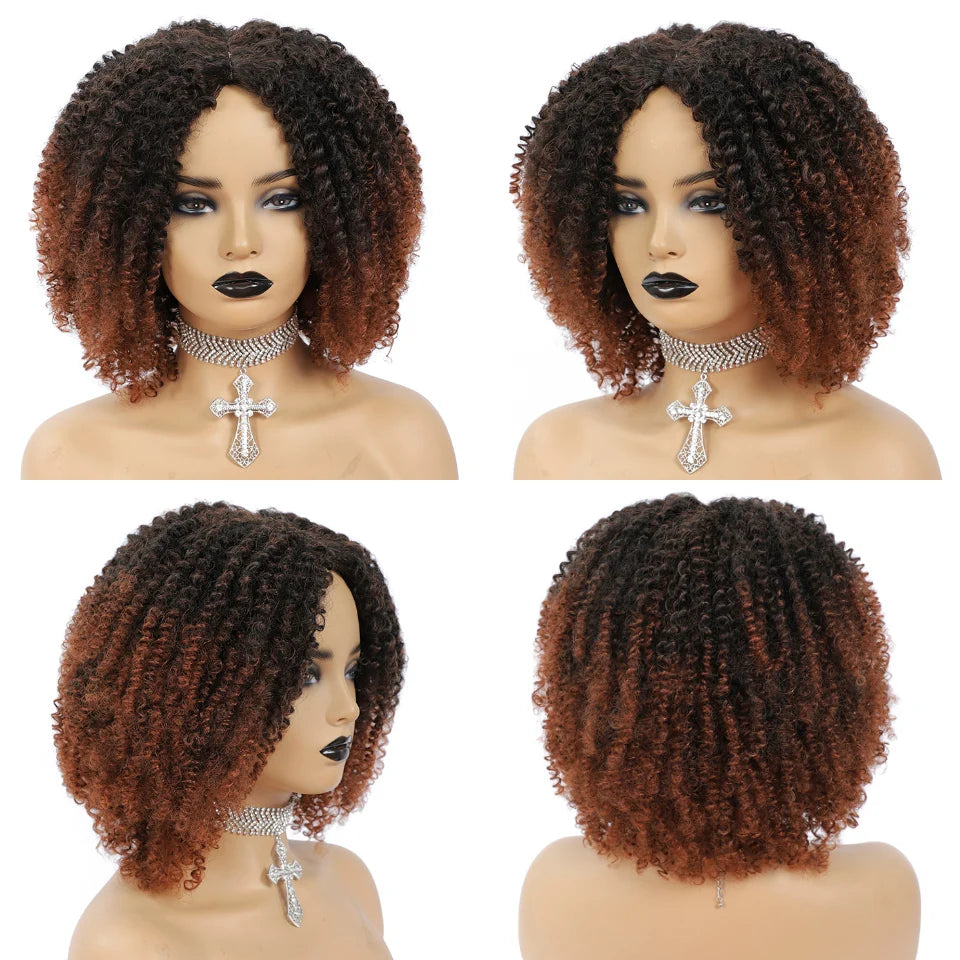 MSIWIGS Women's Short Afro Kinky Curly Wigs Ombre Brown Synthetic Middle Part Nature Hair Black Daily Party Headgear with Clips