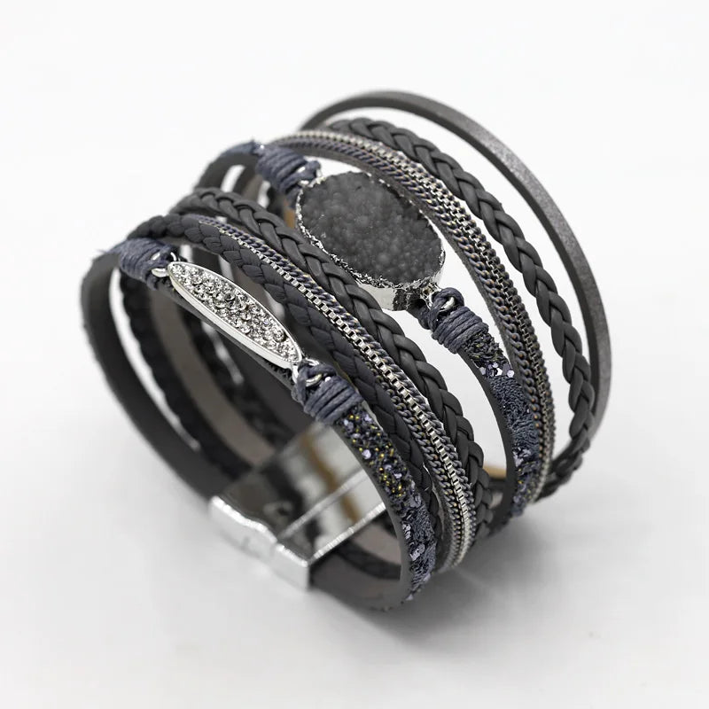 VONNOR Women Bracelet Jewelry Multilayer Leather Rope Chain Alloy Inlaid Rhinestone Bracelets Female Accessories Dropshipping