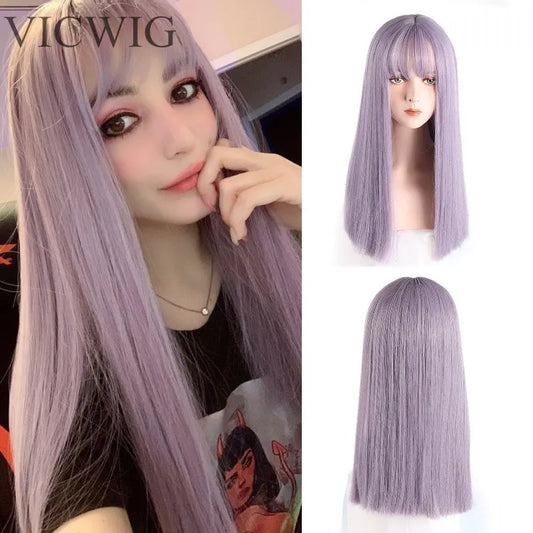 VICWIG Synthetic High Temperature Fiber Long Straight Wigs for Women Purple Gray Green Cosplay With Bangs