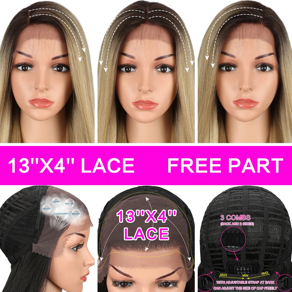 FASHION IDOL 13X4 Lace Front Wig For Women 32 Inch Heat Resistant Fiber Straight Wigs Blonde Natural Synthetic Wigs Cosplay Hair