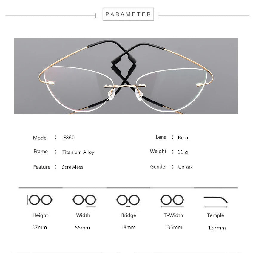 Women Titanium alloy Screwless Rimless Cat Eye Glasses Frame, Ultralight Frameless Optical Frames For Prescription Myopia F860