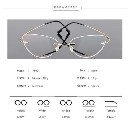 Women Titanium alloy Screwless Rimless Cat Eye Glasses Frame, Ultralight Frameless Optical Frames For Prescription Myopia F860