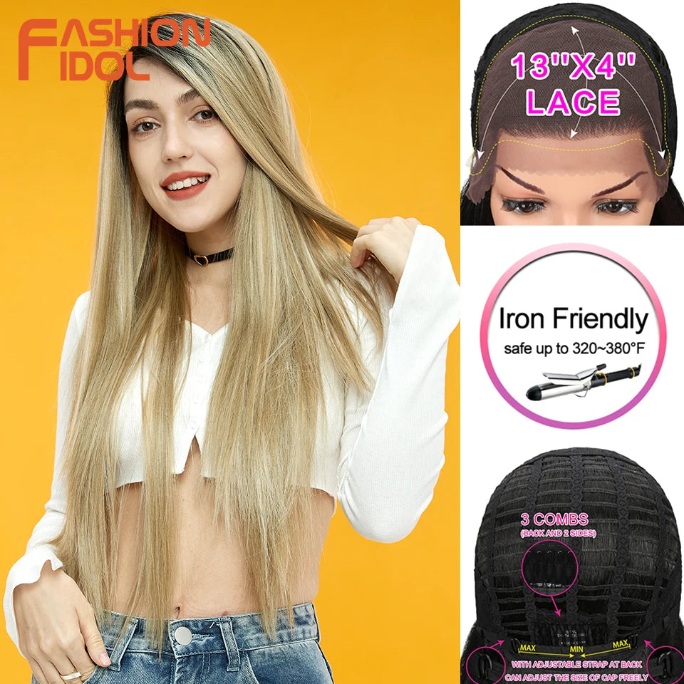 FASHION IDOL 13X4 Lace Front Wig For Women 32 Inch Heat Resistant Fiber Straight Wigs Blonde Natural Synthetic Wigs Cosplay Hair